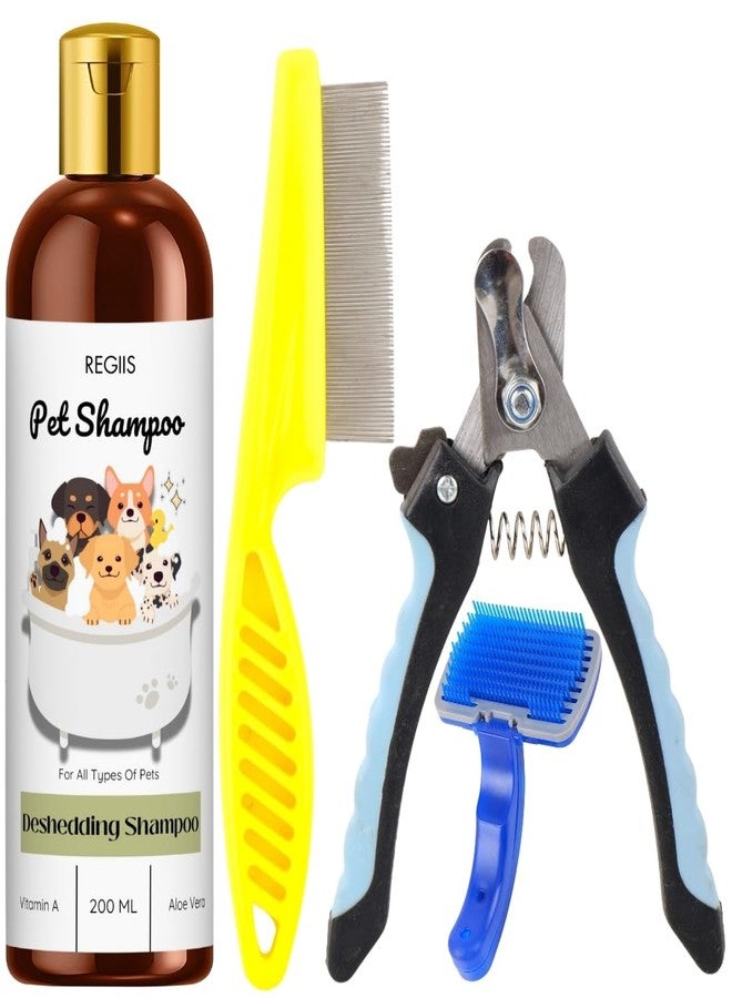 مجموعة ريجيس للعناية بالحيوانات الأليفة، شامبو لإزالة الشعر الزائد مع فيتامين أ والصبار، 200 مل، تتضمن مشطًا معدنيًا، مقص أظافر، وفرشاة تنظيف ذاتي للكلاب - Image 1